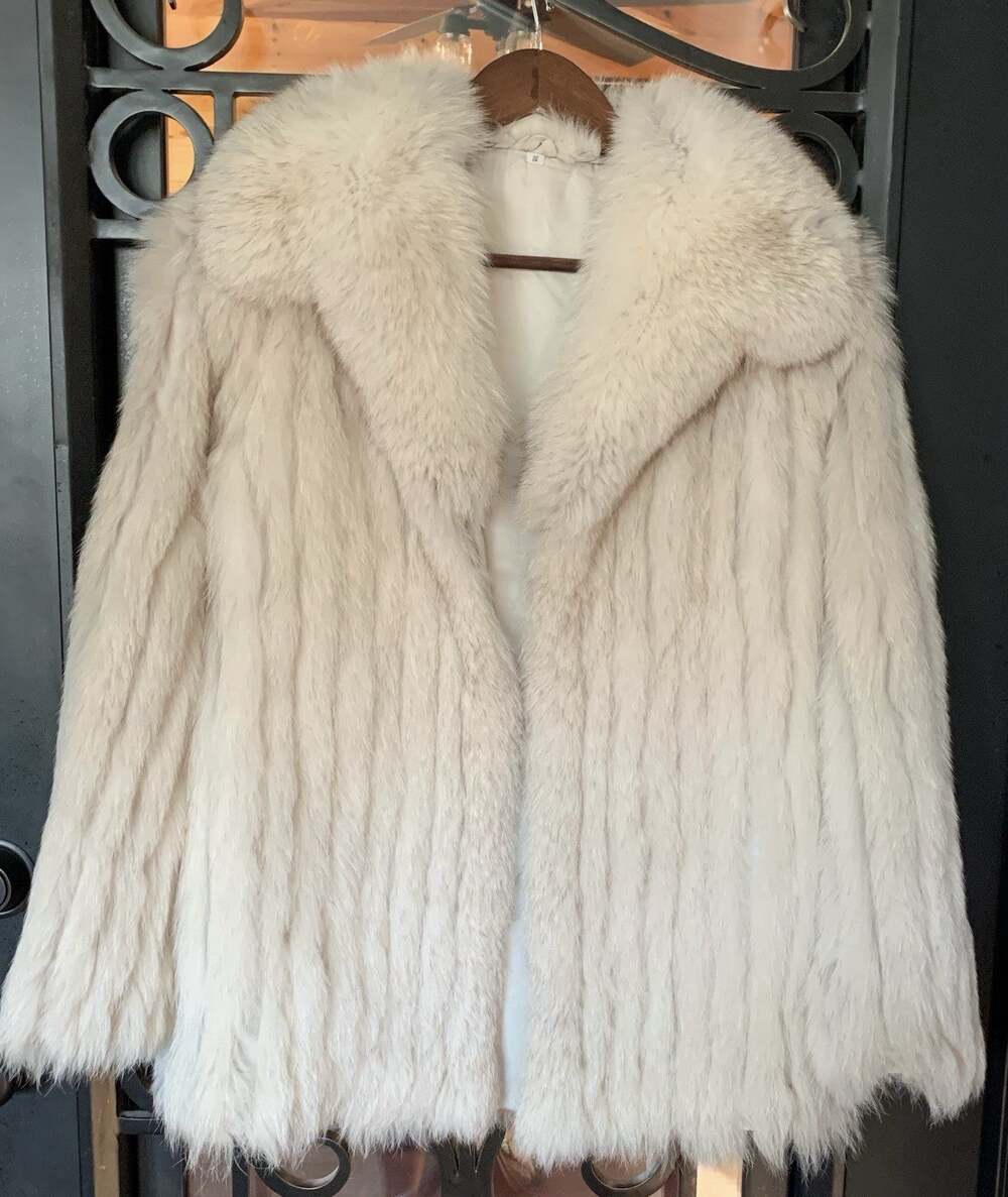 Vintage Genuine Norwegian Blue Fox Fur Coat Jacket Ivory Shawl Collar S
